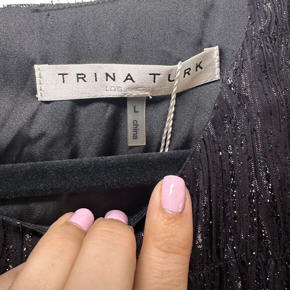 Trina Turk Dress Women's Large Black Silvery Metallic $438 Retail NWT - Picture 5 of 9